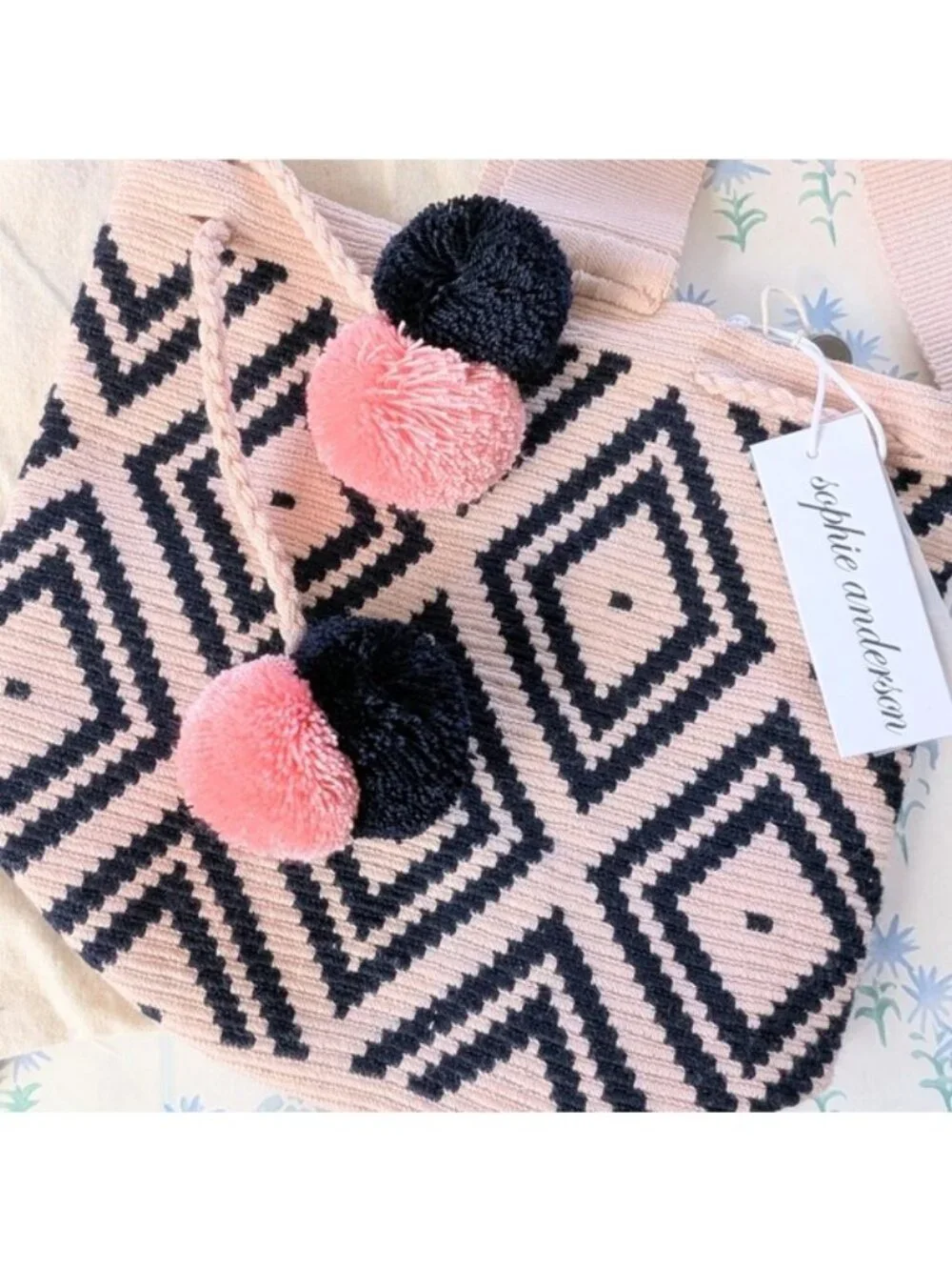 Sophie Anderson Lila Pom Pom Bucket Bag NEW Pink Blue Woven Boho Beachy Travel